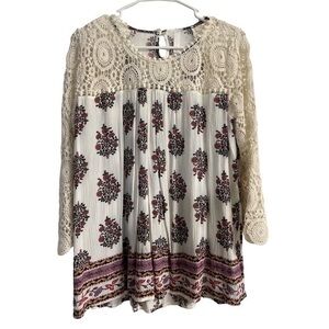 Women's Bohemian Boho Floral Flowy Floral Cream Lace Blouse Size Large EUC #6217